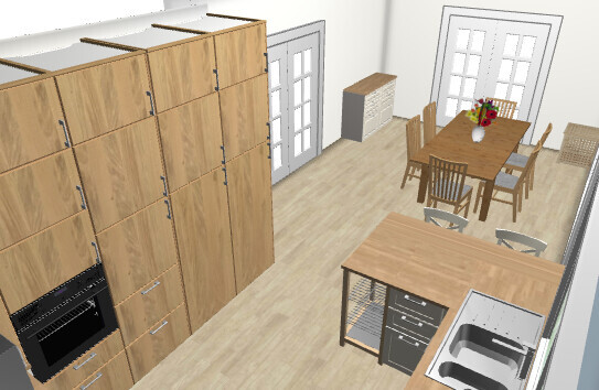 Küche mit Holzschränken, Backofen, Insel und Esstisch mit Vase.