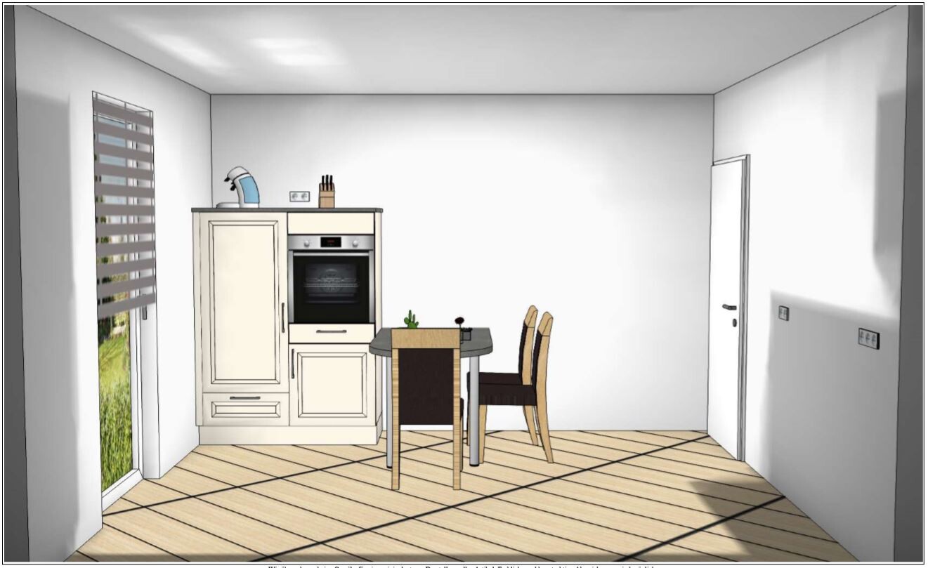 Küchenbereich mit Einbauofen, Esstisch und zwei Stühlen, Fenster links.