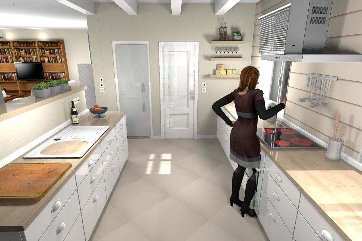 3D-renderte Küche mit Spüle, Herd, Arbeitsflächen und einer Person am Kochen
