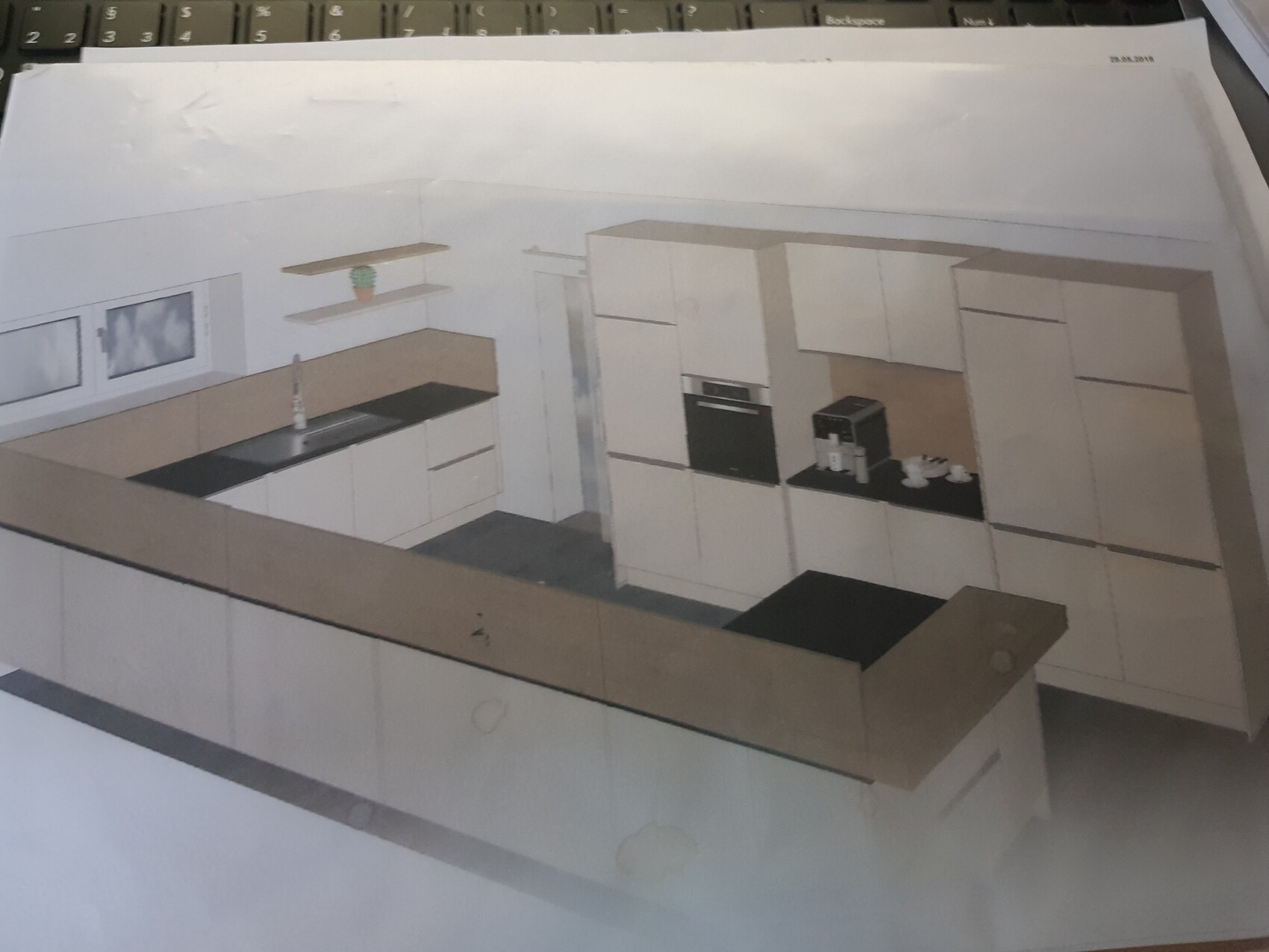 3D-Küche mit weißen Schränken, beigen Arbeitsplatten und Kochinsel in moderner Planung