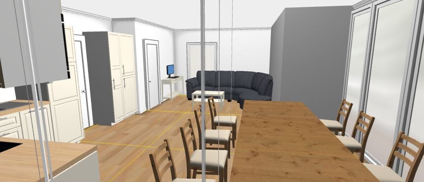 3D-Ansicht eines offenen Küchen- und Essbereichs mit langem Holztisch und Stühlen