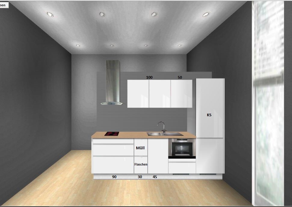 3D-Küchenlayout mit weißen Oberschränken, Spüle, Herd und Kühlschrank in dunkler Küche.