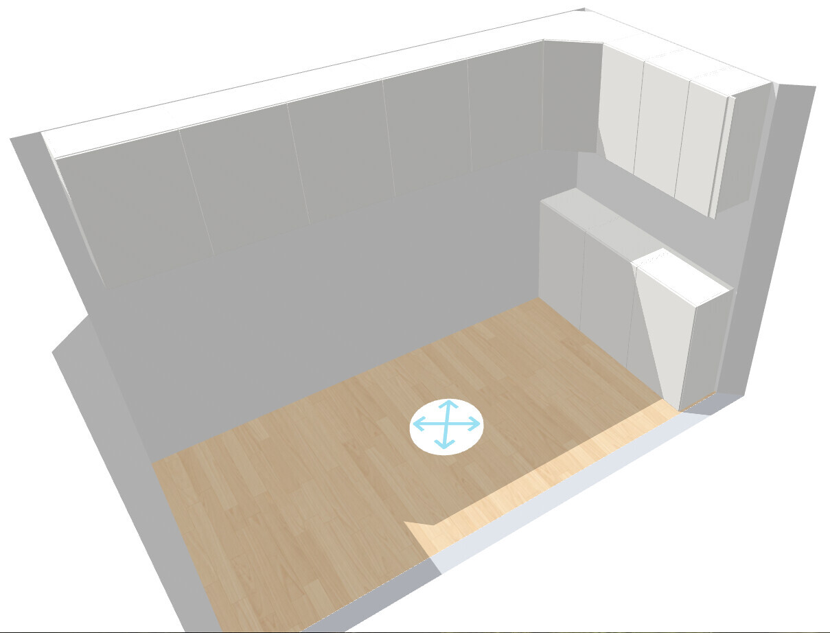 3D-Küchenlayout mit grauen Oberschränken und Holzfußboden; Pfeilsymbol auf dem Boden.