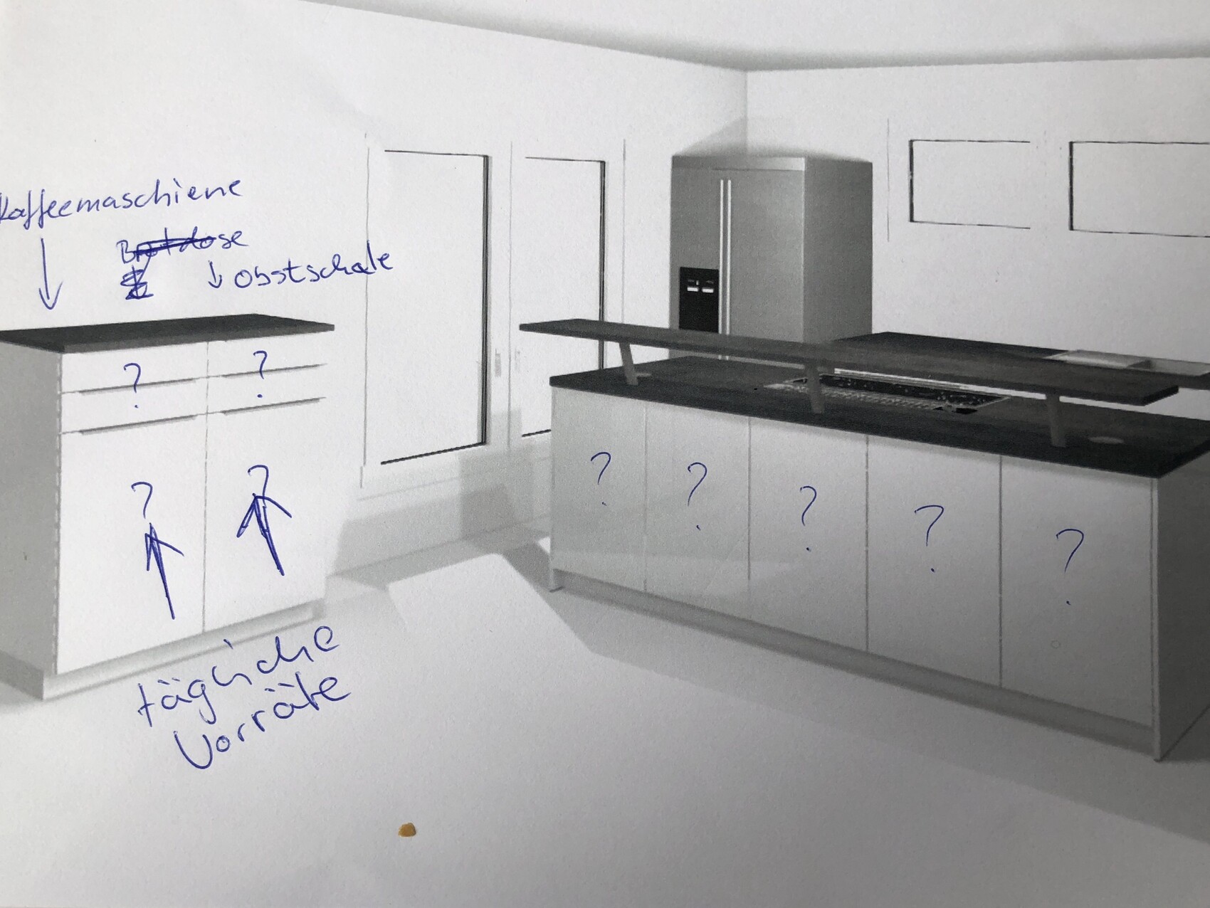 Skizzenhafte 3D-Küche mit Insel, Unterschränken und Kühlschrank, Notizen an der Wand.