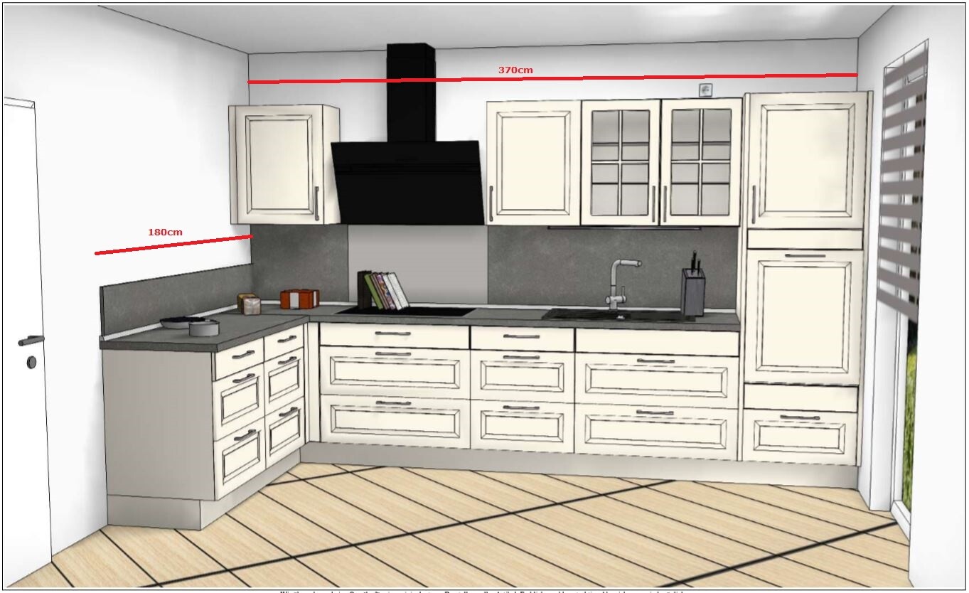 Moderne Küche mit weißen Schränken, grauer Arbeitsplatte, schwarzem Dunstabzug, Spüle und Kochfeld.