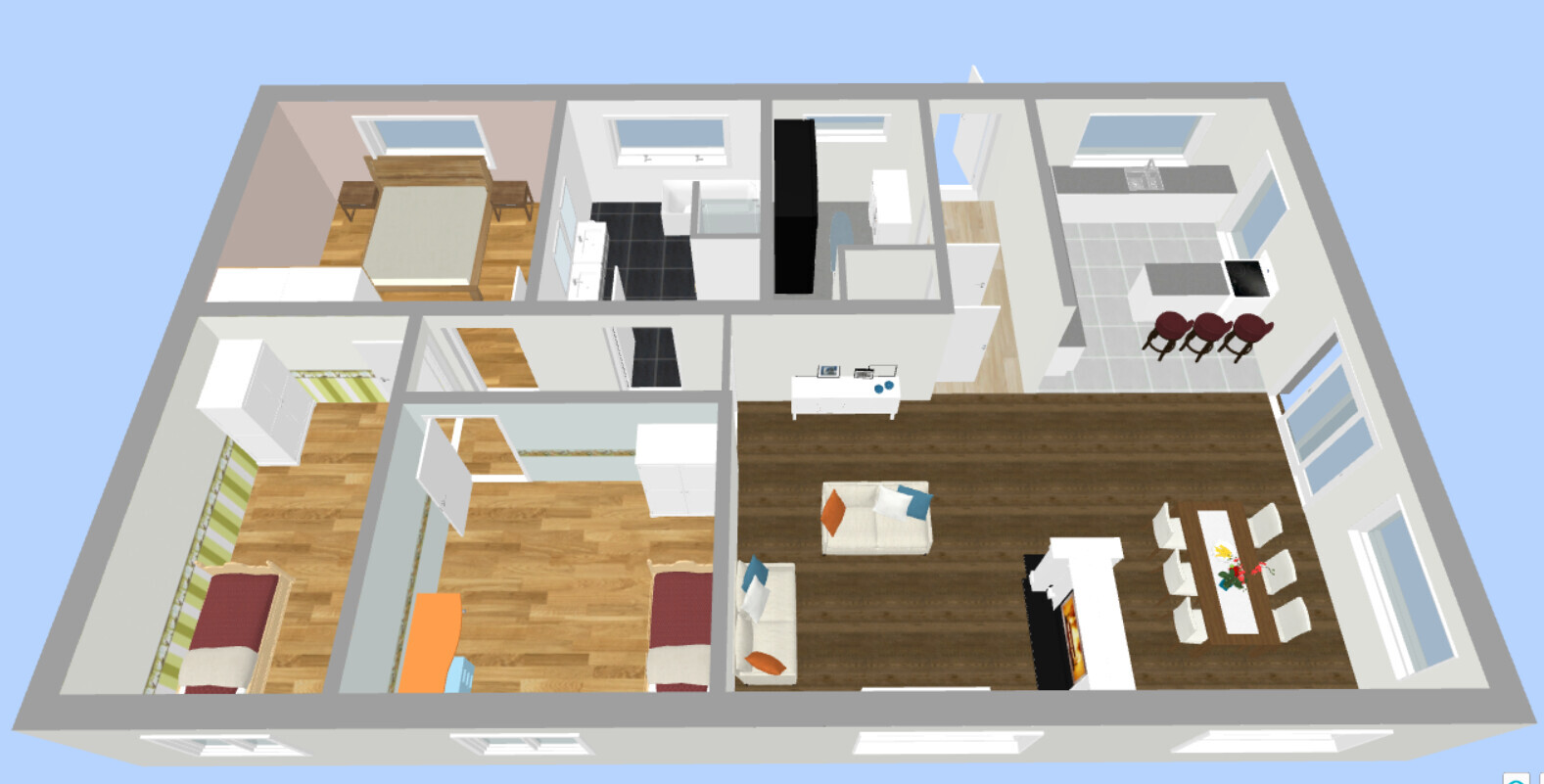 Isometrischer Grundriss einer Wohnung: zwei Schlafzimmer, Wohnzimmer mit Kamin, offene Küche.
