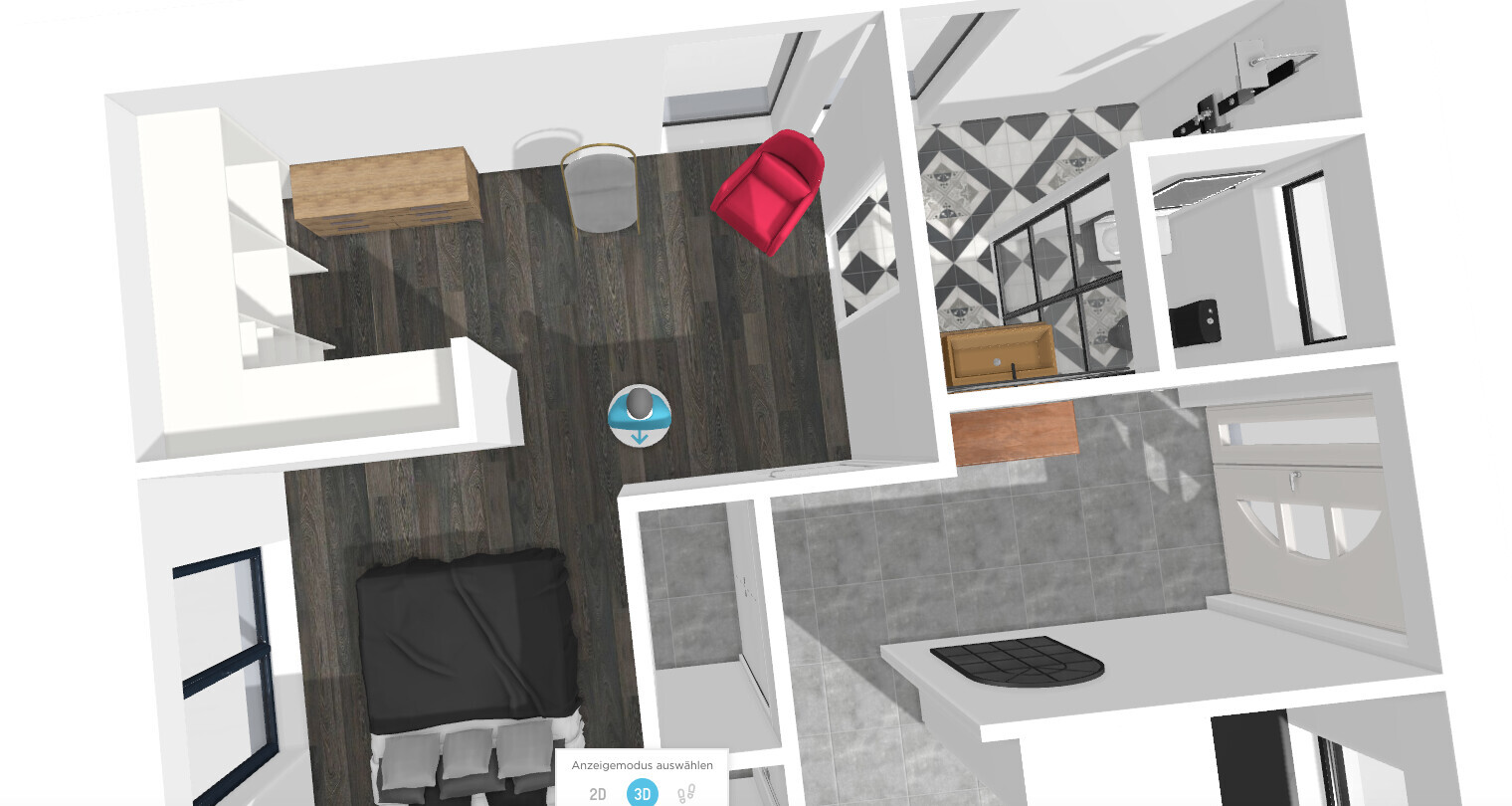 3D-Wohnungsgrundriss von oben: Schlafzimmer, Wohnraum mit rotem Sessel, Küche, Bad.