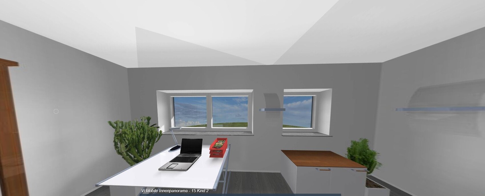 Moderne Innenansicht eines Büros: Schreibtisch mit Laptop, rote Ablage, Fensterblick und Pflanzen.