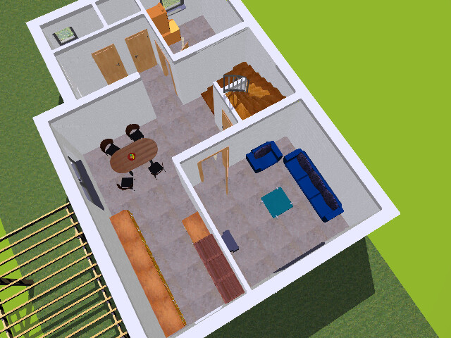 3D-Ansicht eines Hausgrundrisses von oben: Wohnzimmer mit blauem Ecksofa, Essbereich, Treppe, Flur.
