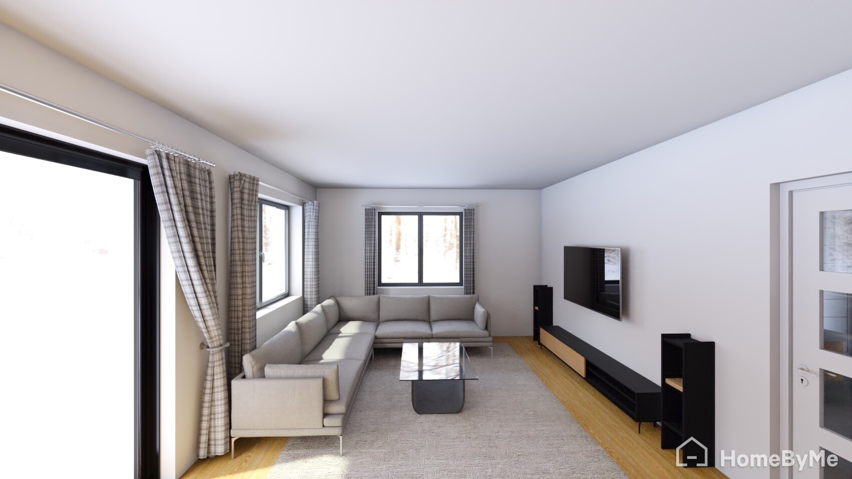 Wohnzimmer mit hellgrauem Ecksofa, Glastisch, TV und Vorhängen.