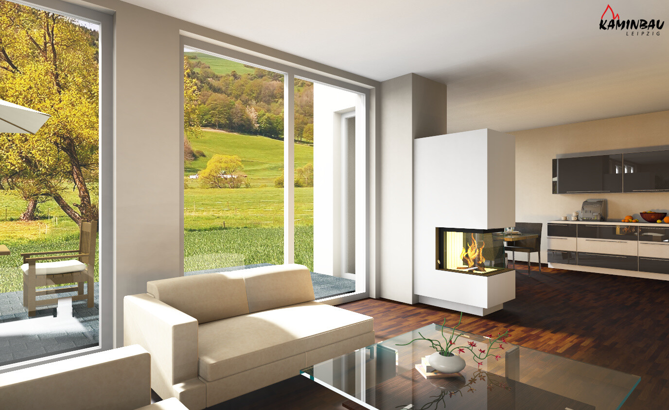 Modernes Wohnzimmer mit Kamin, großen Glasfronten, Couch und Blick in grüne Landschaft.