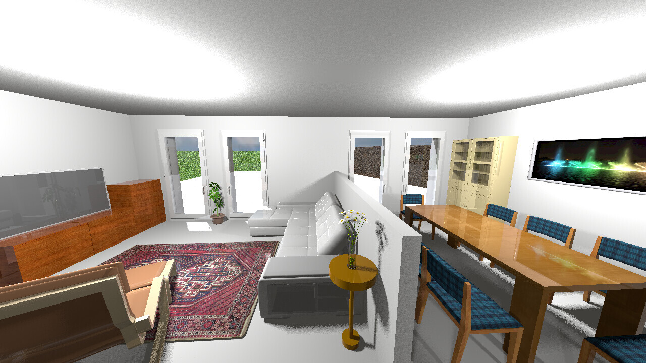 Helles Wohnzimmer mit weißem Sofa, rotem Teppich, TV-Schrank, Esstisch und blau gepolsterte Stühle.