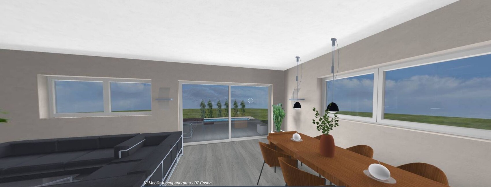 Offenes Wohnzimmer mit Esstisch, dunkler Sofagruppe und großen Fensterfronten zum Garten und Pool.