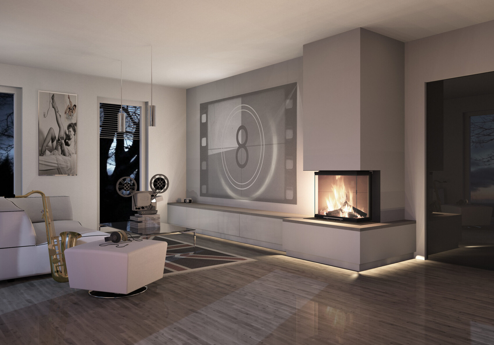 Moderner Wohnraum mit Kamin, Leinwand und Filmprojektor, Posaune, Sofa und Poster.