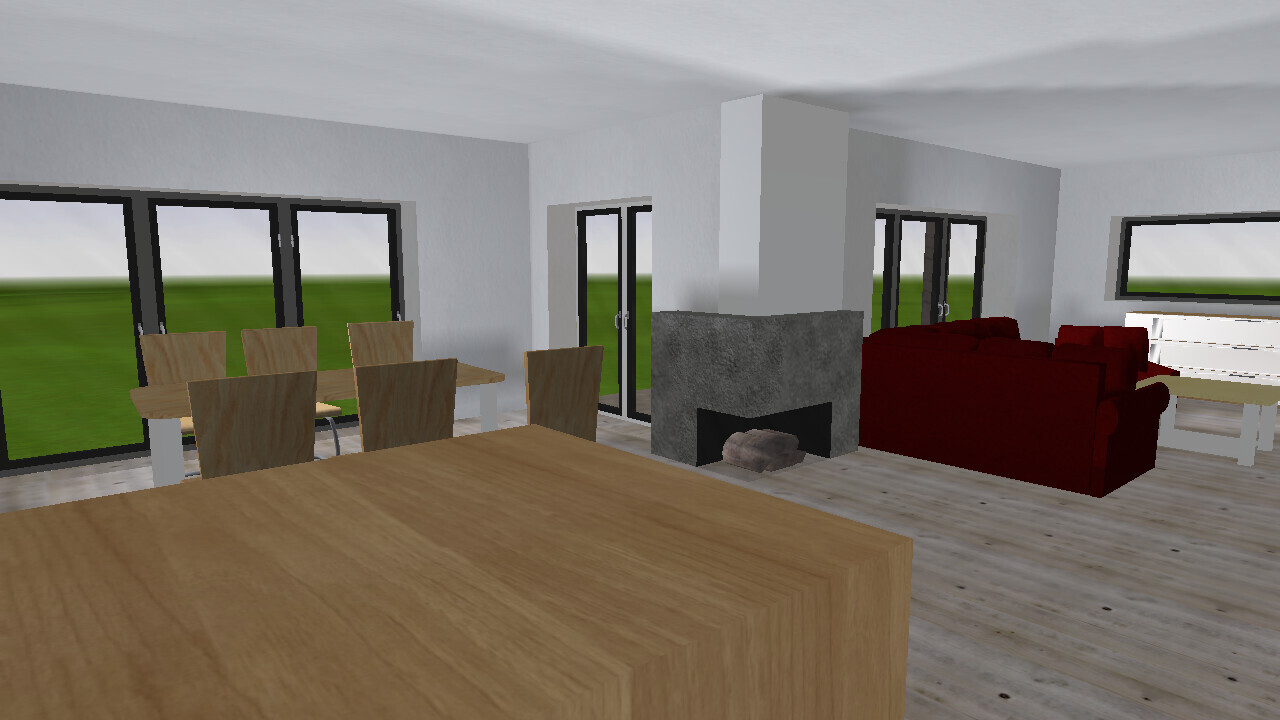 Offener Wohn- und Essbereich mit Holztisch, Kamin und roten Sofas, Blick zum Garten