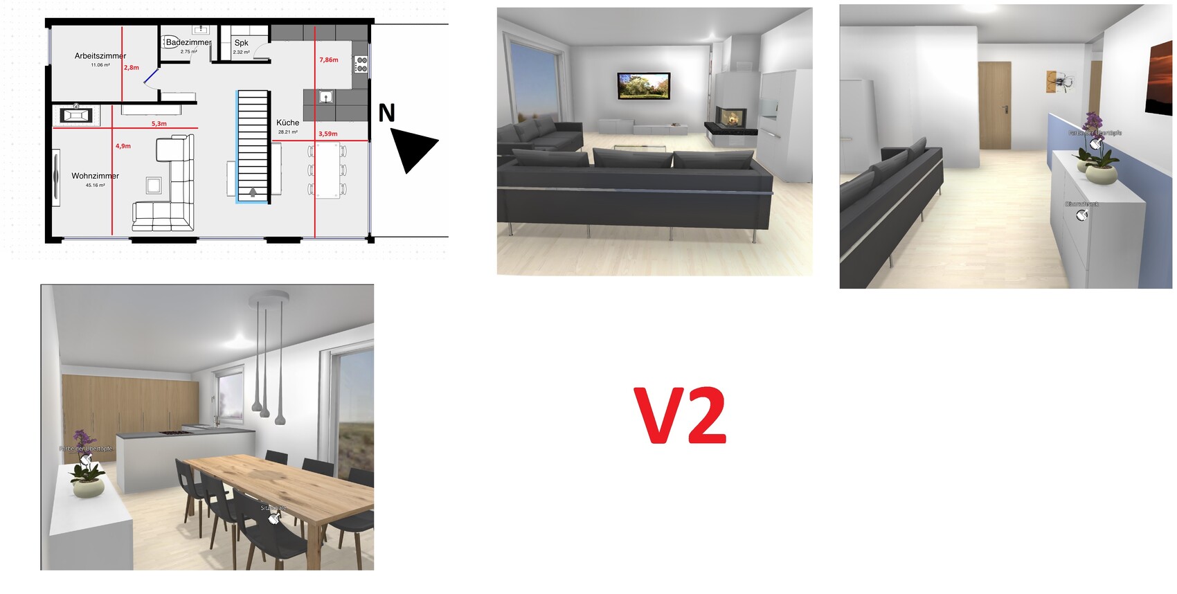 Grundriss einer Wohnung mit drei 3D-Renderings: Wohnzimmer, Küche/Essbereich und Flur.