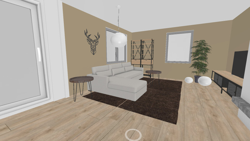 Wohnzimmer: helle Wände, Holzboden, weißes Sofa, dunkler Teppich, Pflanze, Hirschkopf-Deko, TV.
