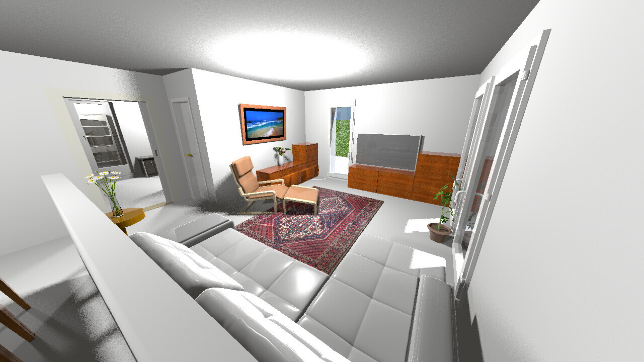 Helles Wohnzimmer mit weißem Ledersofa, rotem Teppich, TV auf Holzkonsole, Lounge-Sessel, Pflanzen.