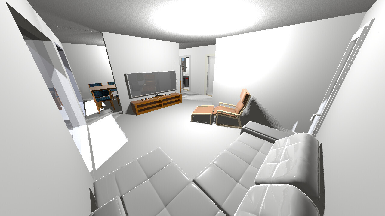 Helles Wohnzimmer mit weißer Eckcouch, Fernseher auf Holz-TV-Unterbau, zwei Lounge-Sessel.