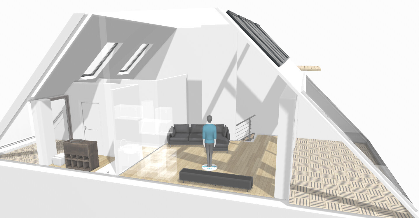 3D-Ansicht eines offenen Wohnzimmers: stehende Figur vor Sofa, Glaswand und Treppe.