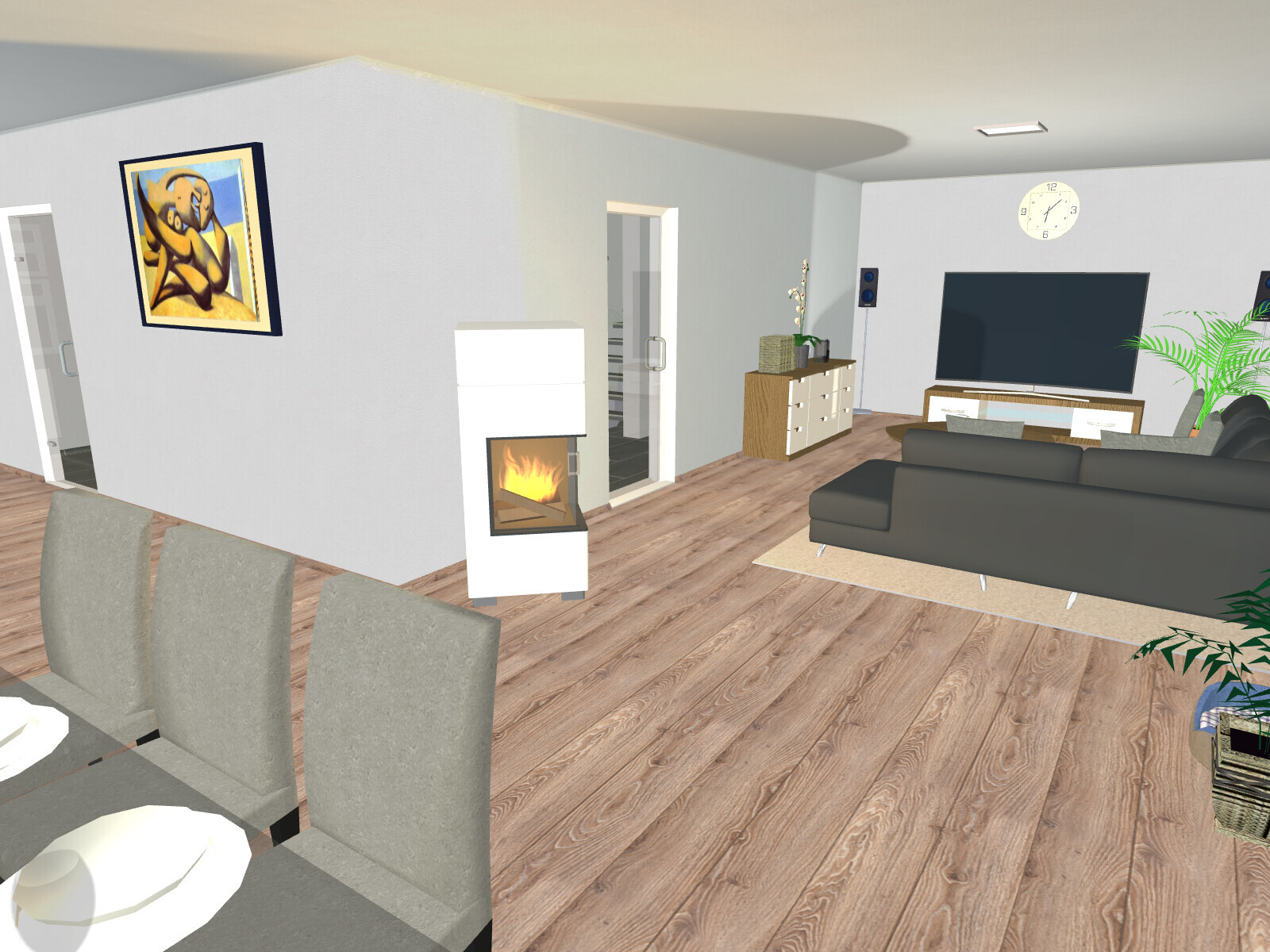 Wohnzimmer mit Kamin, grauem Sofa, TV-Wand, Esstisch, Pflanze, Kunstbild.