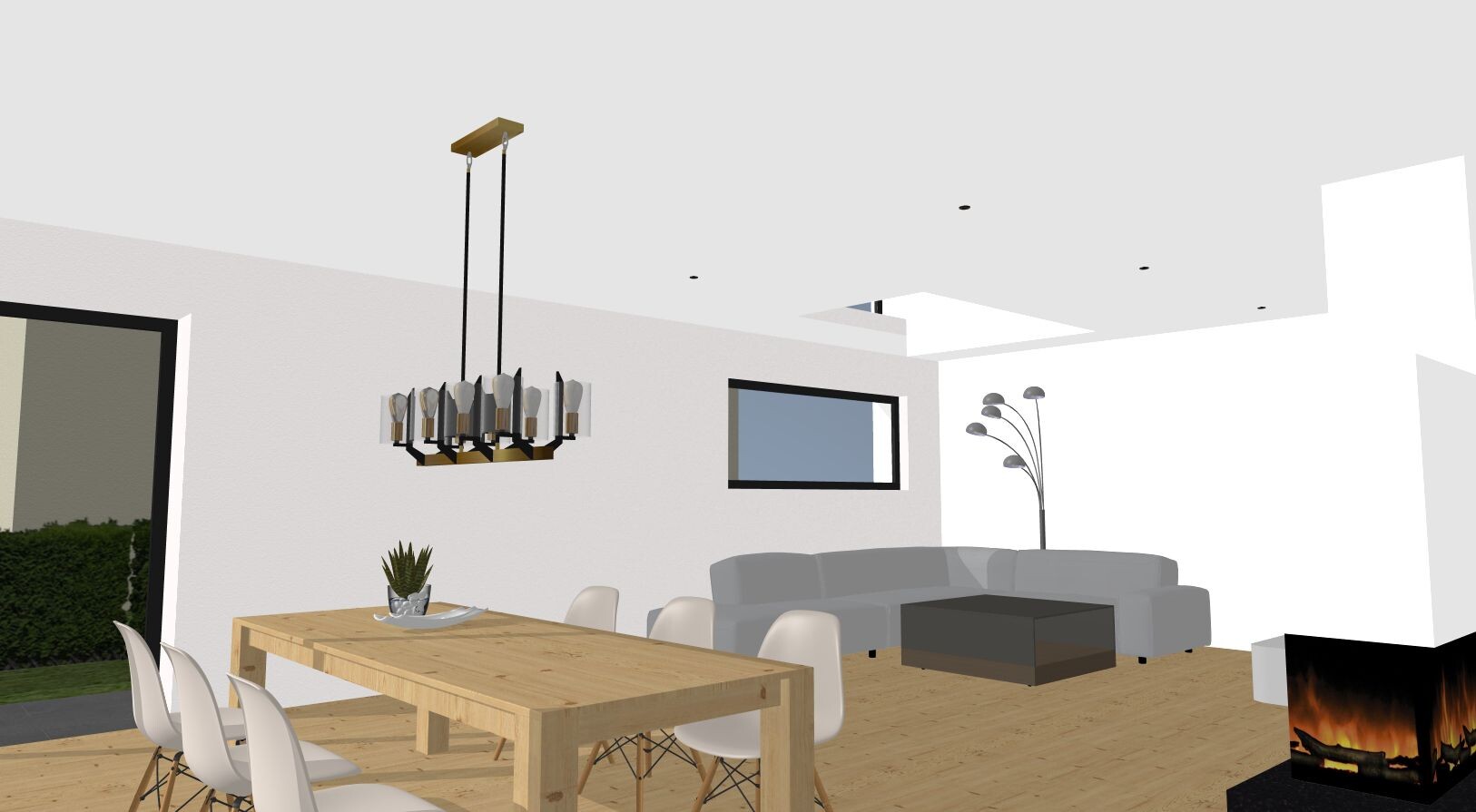 Helles Wohnzimmer: Esstisch aus Holz, weiße Stühle, graues Sofa, Kamin, Deckenleuchte.