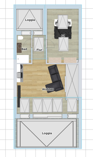 Grundriss einer Wohnung: Zwei Loggien, Bad, Flur, Wohnen mit Sofa, Schlafzimmer mit Tisch.