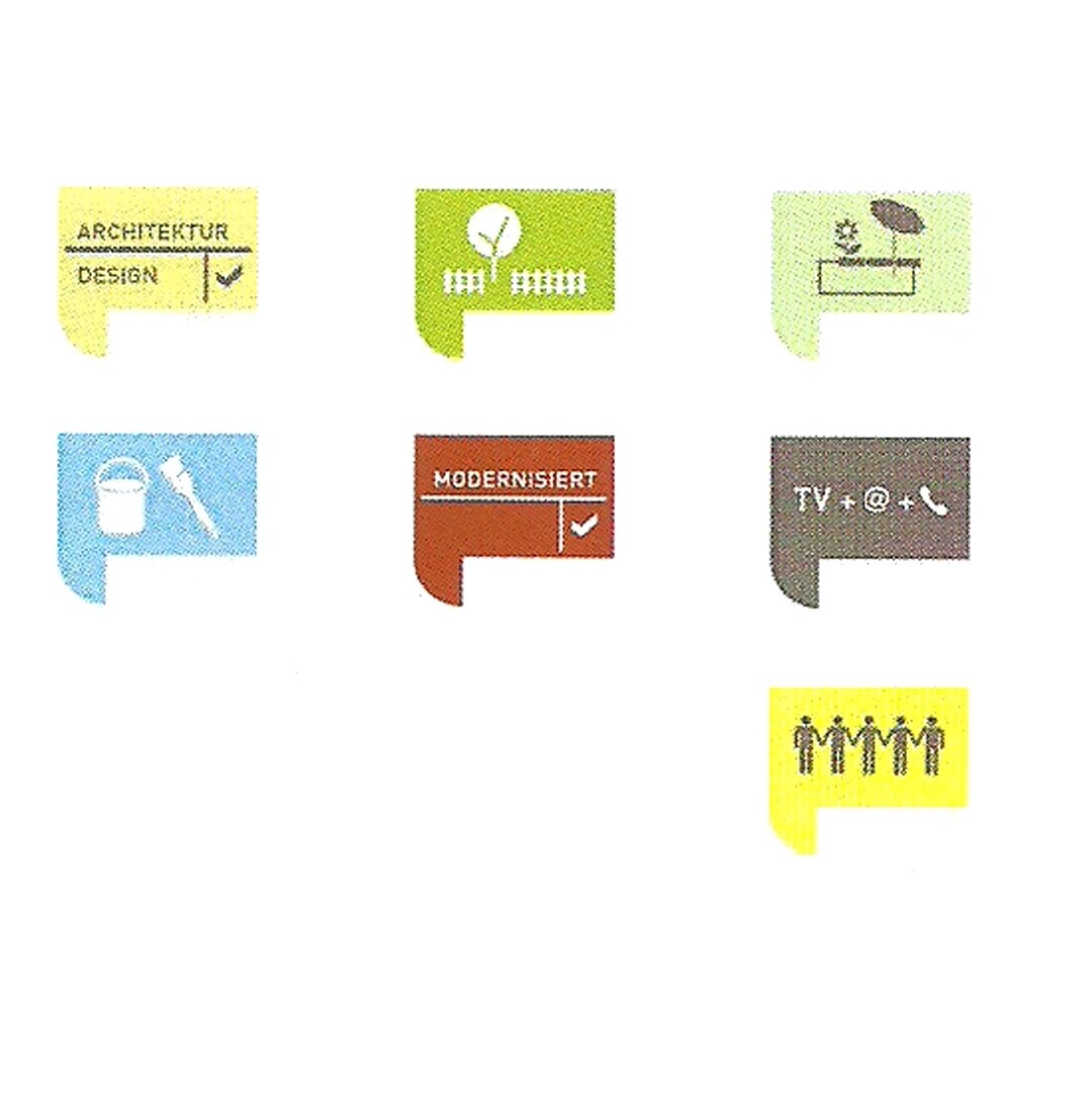 Neun bunte Sprechblasen-Symbole zu Architektur, Design, Modernisierung, Garten, TV und Team.