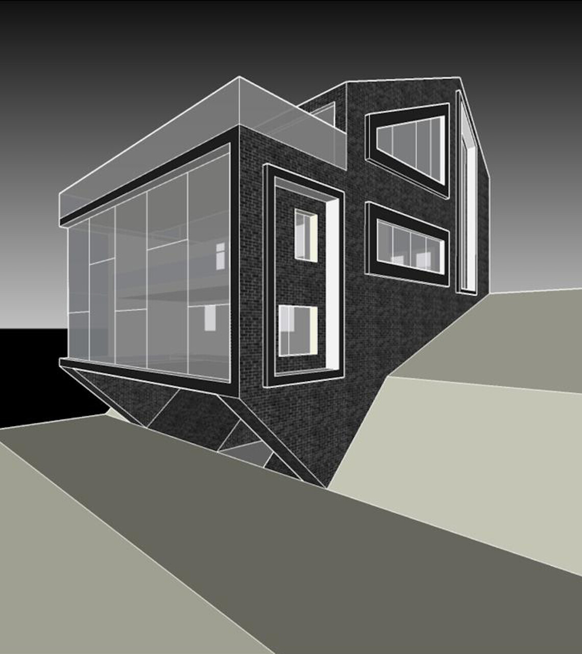Moderne geometrische Villa am Hang mit großer Glasfront und dunkler Fassade.