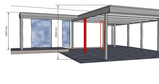 Moderne Gebäudeerweiterung mit Glasfront, offenem Carport und roter Stütze.