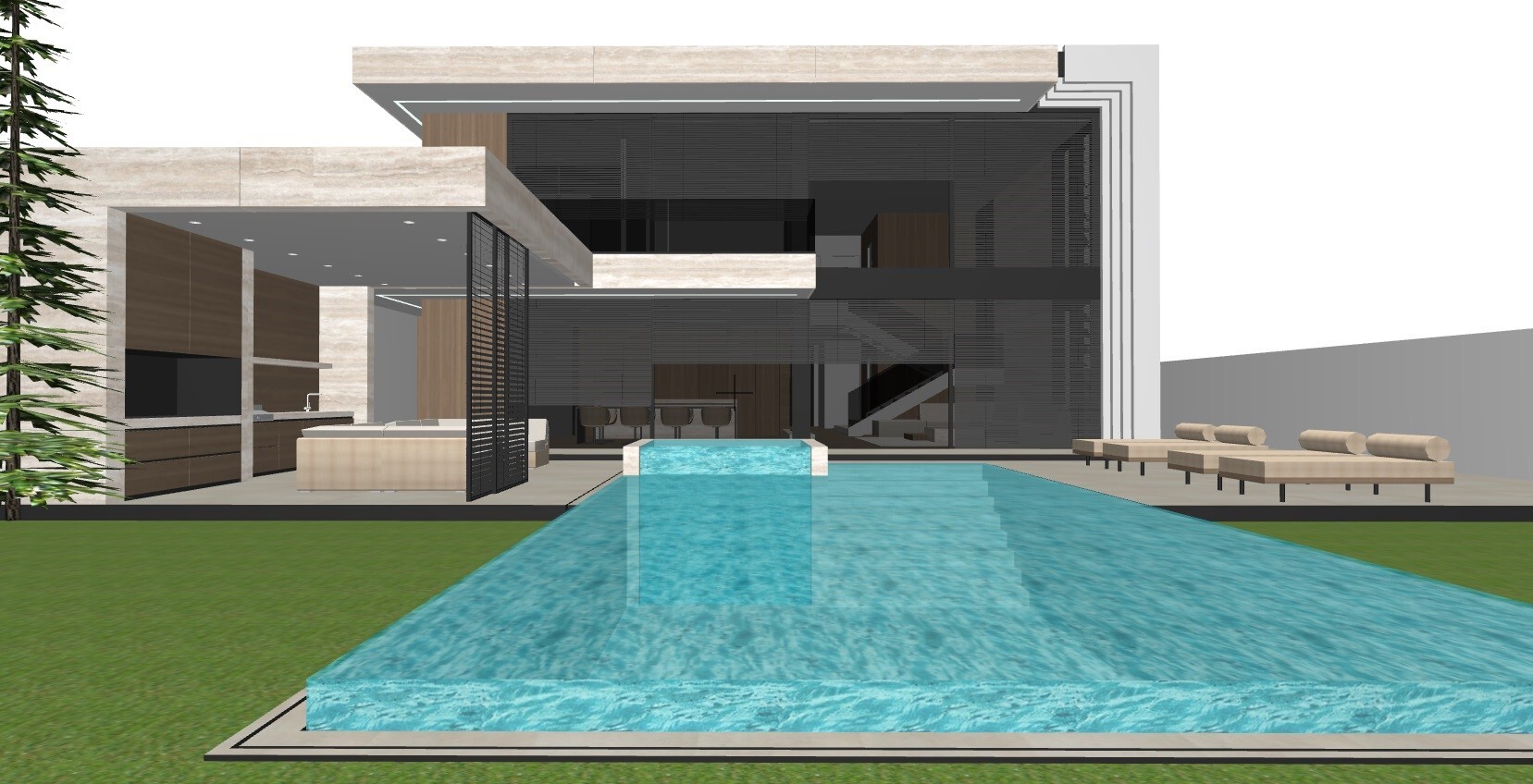Moderne Villa mit offener Küche, Holzfassaden und langem Pool im Garten.