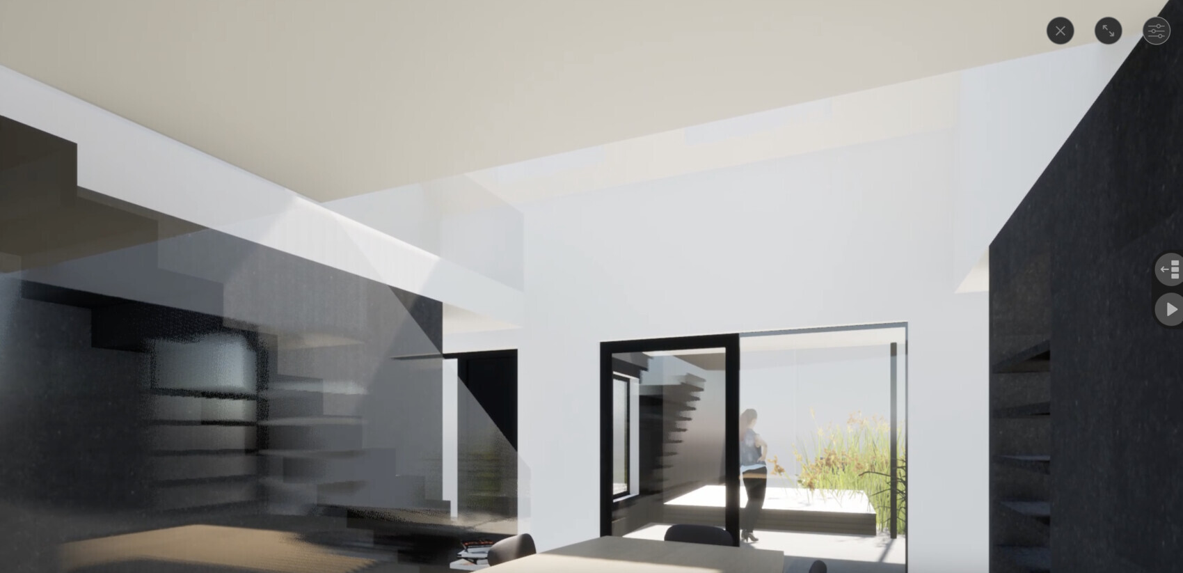 Moderne, helle Innenräume mit Glasfront, dunkle Treppe links und eine Person am Fenster.