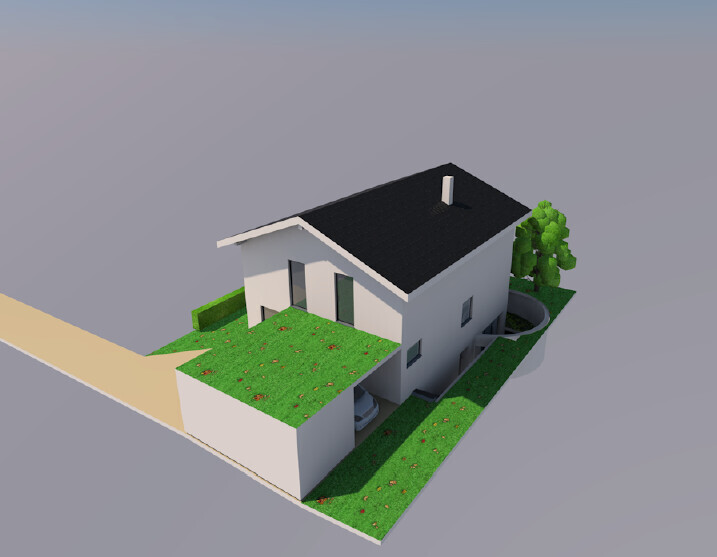 3D-Modell eines weißen Hauses mit schwarzem Satteldach, grünem Rasen, Garage und Baumgruppe.
