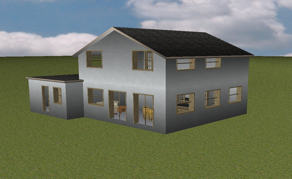 Zweistöckiges Modellhaus mit Anbau; Glasfronten offen, Innenräume sichtbar.