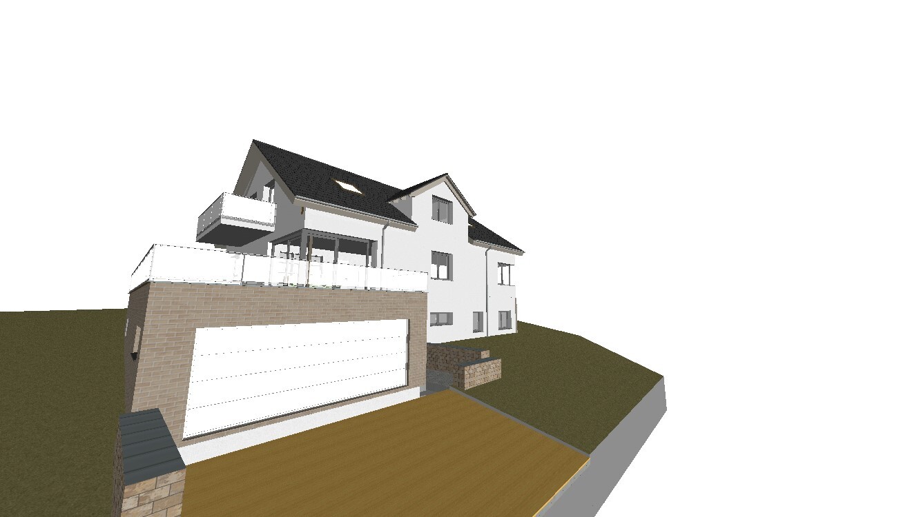 3D-Rendering eines mehrstöckigen Hauses auf Hang mit Garage und Terrasse
