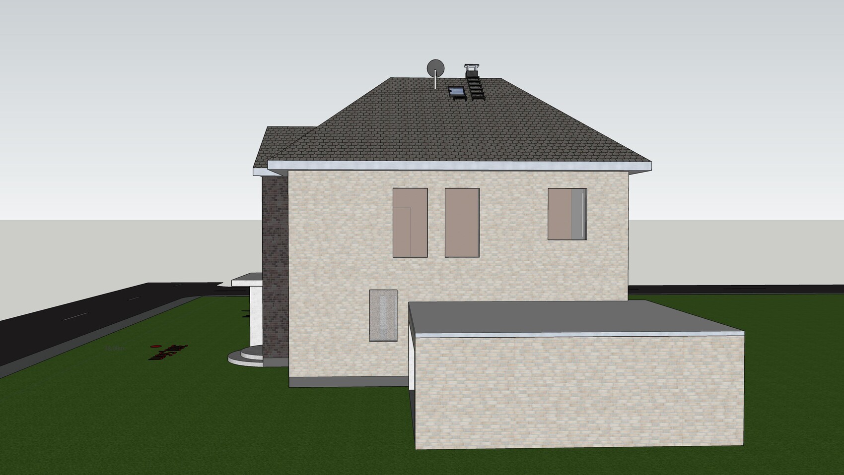 Zweigeschossiges Hausmodell mit beige Steinfassade, dunklem Ziegeldach, Dachfenstern und Garten.