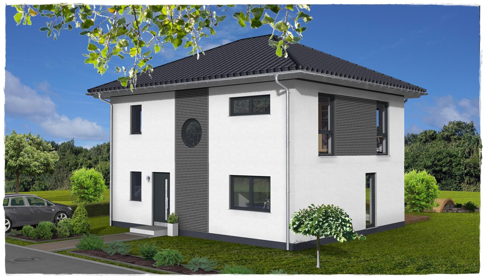 Modernes zweistöckiges Haus mit weißer Fassade, dunklem Dach, Garten und Auto links.