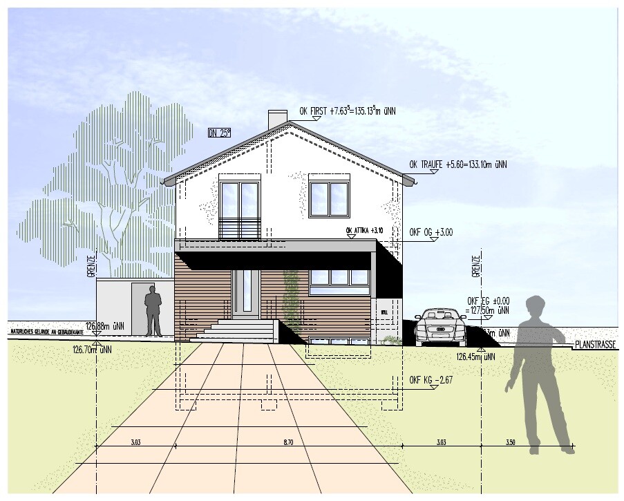 Vorderansicht eines zweistöckigen Hauses mit Gehweg, Auto rechts und Baum links.