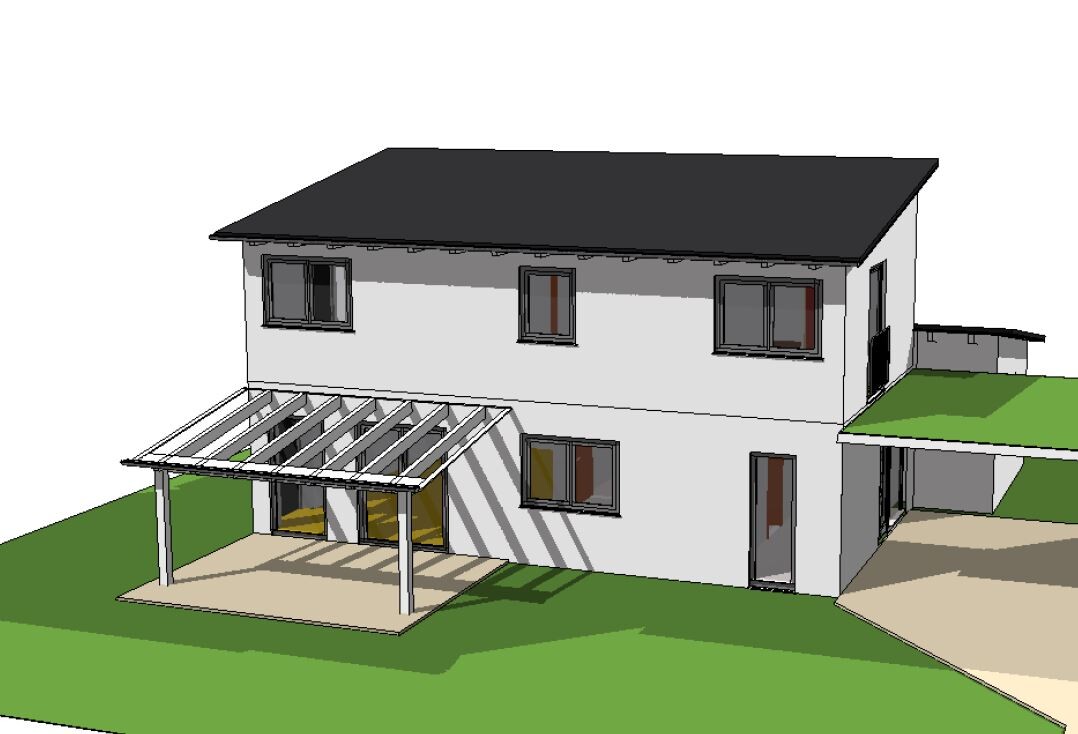 Zweistöckiges Einfamilienhaus mit dunklem flachen Dach, Pergola-Terrasse, Fenster und Garten.
