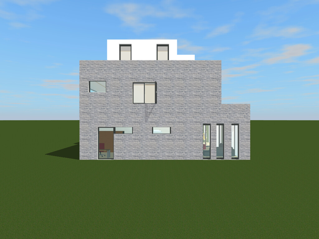 Moderne graue Backstein-Villa mit großen Fensterfronten auf grünem Rasen.