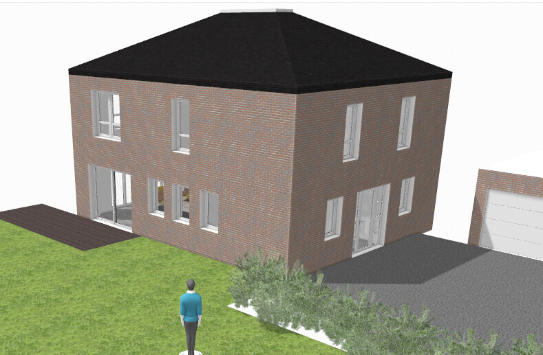 Zweistöckiges rotes Backsteinhaus mit schwarzem Dach, Garage, Gehweg, Buschengruppe, Person im Garten.