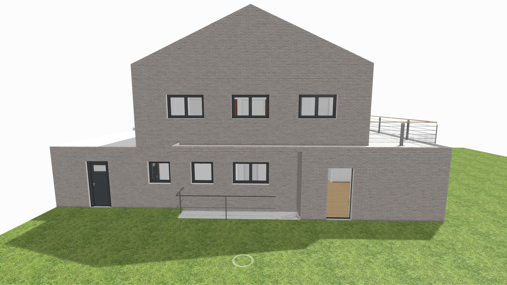 Zweistöckiges graues Ziegelhaus mit Satteldach, Fensterreihe und Terrasse mit Geländer.