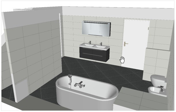 3D-Badezimmer mit freistehender Badewanne, Doppelwaschbecken, Toilette, Bidet, Dusche.