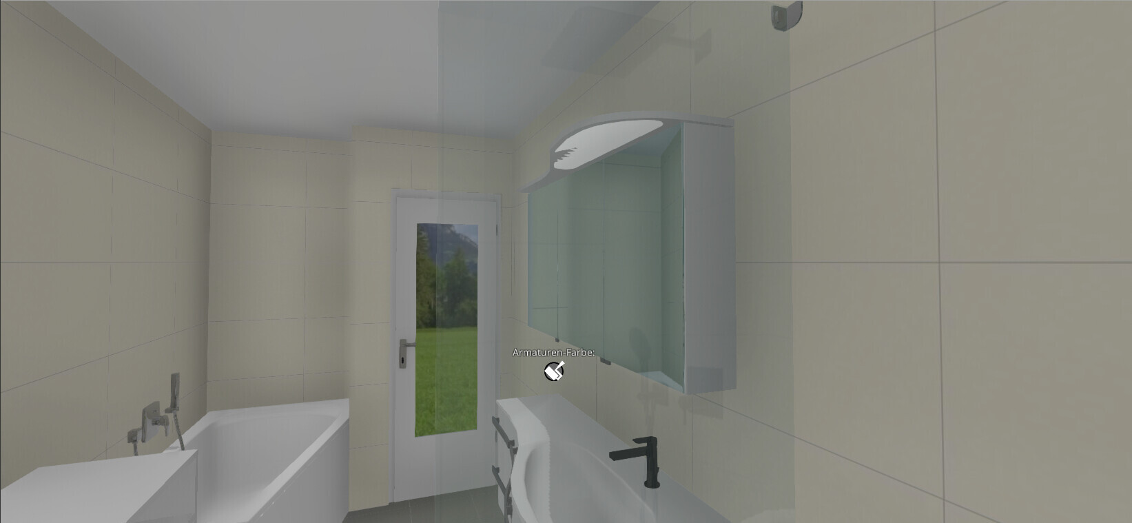 Badezimmer mit beigen Fliesen, Badewanne links, Waschbecken, Spiegelkabine und Tür mit Gartenblick.