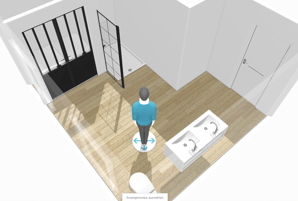 3D-Ansicht: Person steht auf runder Plattform mit Pfeilen, Dusche und Doppelwaschbecken im Bad.