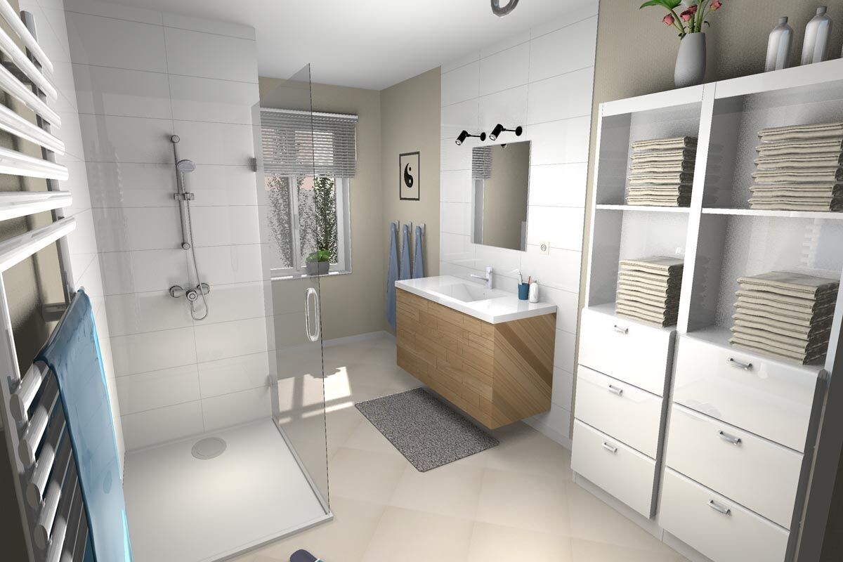 Moderne Badezimmer-Szene mit Glasdusche, Holz-Waschtisch, Spiegel, offenes Regal voller Handtücher.