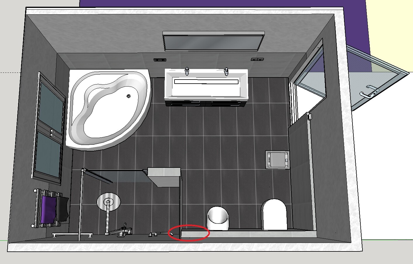 Oberes Badezimmer: Badewanne links, Waschbecken in Mitte, Toilette rechts, Dusche.