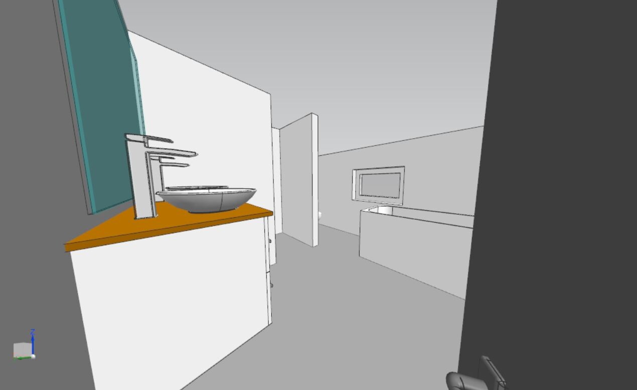 Badezimmer-Ansicht: Waschtisch mit Vessel-Sink auf Holzplatte, Trennwand, Badewanne rechts.