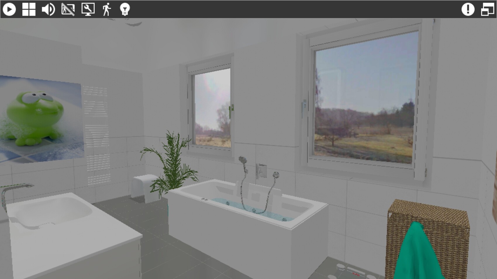 Helles Badezimmer mit Badewanne, Waschbecken, Pflanze, Frosch-Bild und Fensterblick.