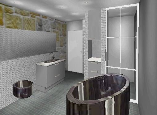 Modernes Badezimmer mit freistehender Badewanne, Waschbecken und Glas-Schiebetür.